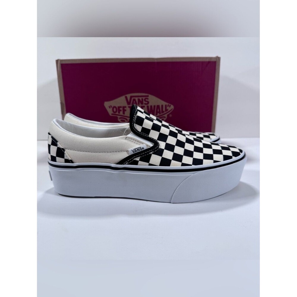Vans Classic Slip-On Stackform Checkerboard Black Classic White Sneakers Women 8 - Picture 4 of 12